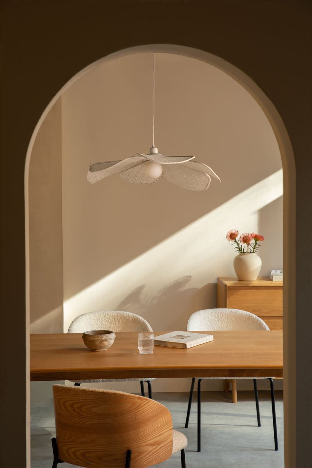 Plafondlamp van crèmekleurig beige linnen en katoen Ø75 cm Benavid, galerij beeld 1